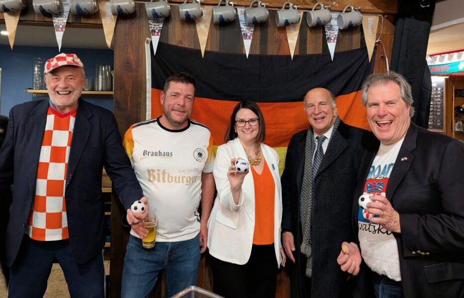 NFCACF President, Steve Rukavina, joins (from left) Philadelphia Soccer 2026 President and CEO, Meg Kane, Philadelphia City Councilmember, Mark Squilla, Brauhaus Schmitz owner, Doug Hager, and NFCACF board member Vedran Nazor.